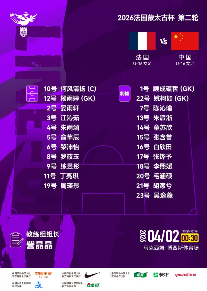 开云APP-中国U-16女足对阵法国U-16女足，中国队首发名单出炉！